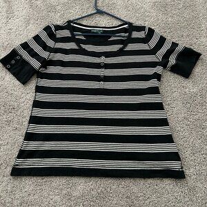 Lauren Ralph Lauren Black White Striped Short Sleeve Cotton Shirt Women’s Large